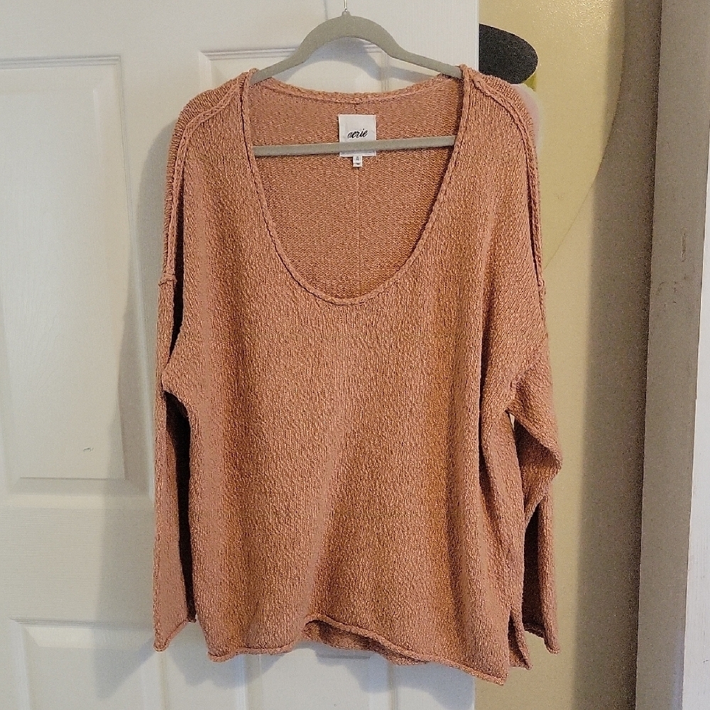 Aerie SzXL Oversized cotton Women's Relaxed Fit Scoop Neck Sweater in Soft Tan